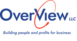 the logo for overview llc is blue and red and says building people and profits for business .