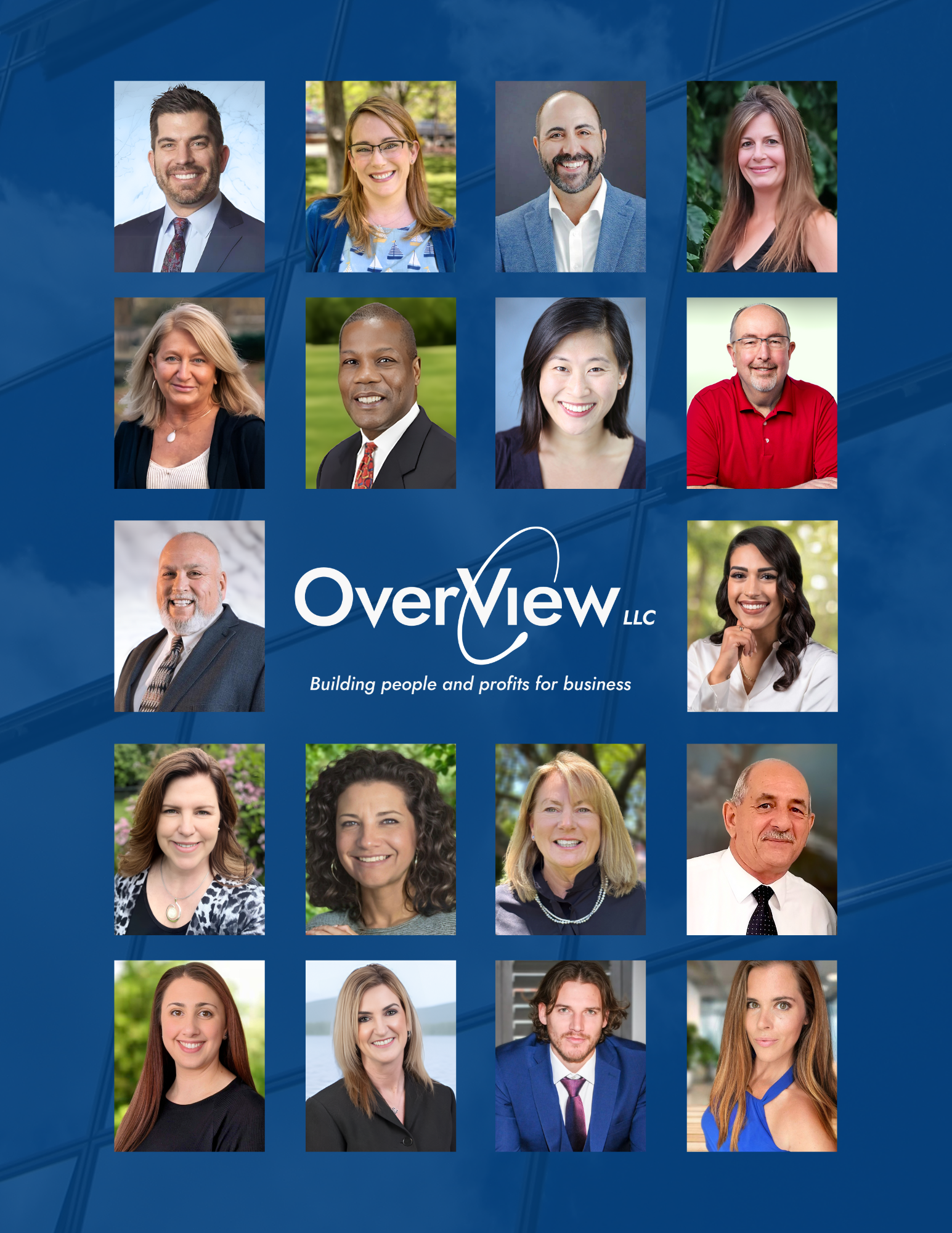 Collage of headshots of the OverView team with a blue background