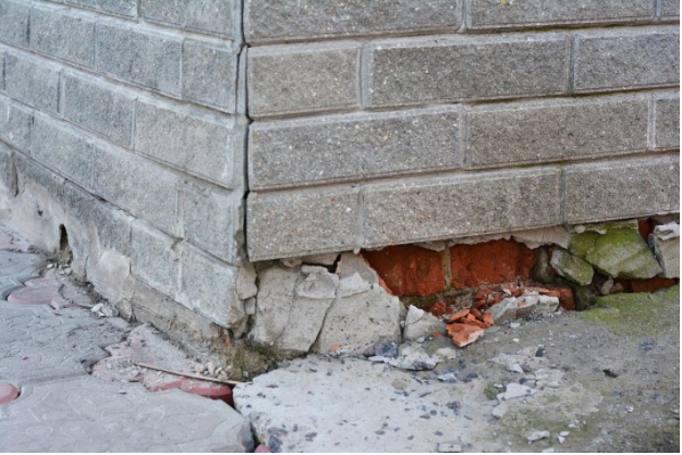 Corner of a residential building showing foundation damage with cracked concrete and visible underlying brickwork.
