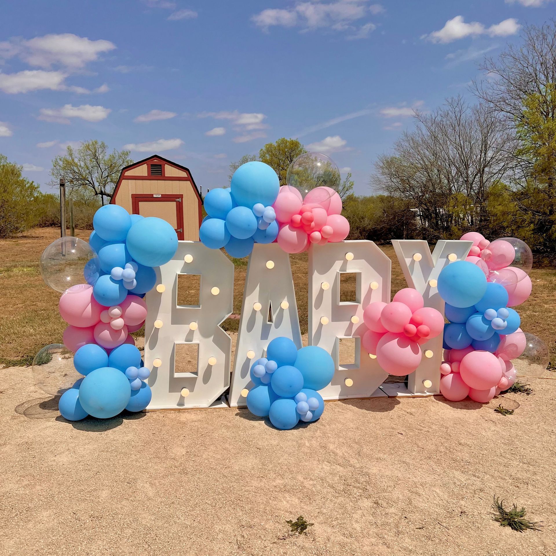 The word baby is surrounded by blue and pink balloons