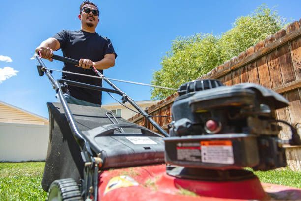 Man mowing lawn with red lawnmower in backyard, lawn care treatment, summer maintenance