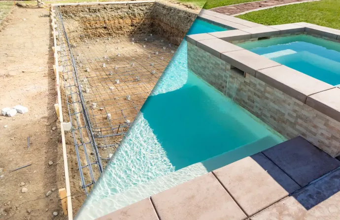 Cantiere che mostra la piscina non finita sulla sinistra, la piscina finita e la vasca idromassaggio sulla destra.