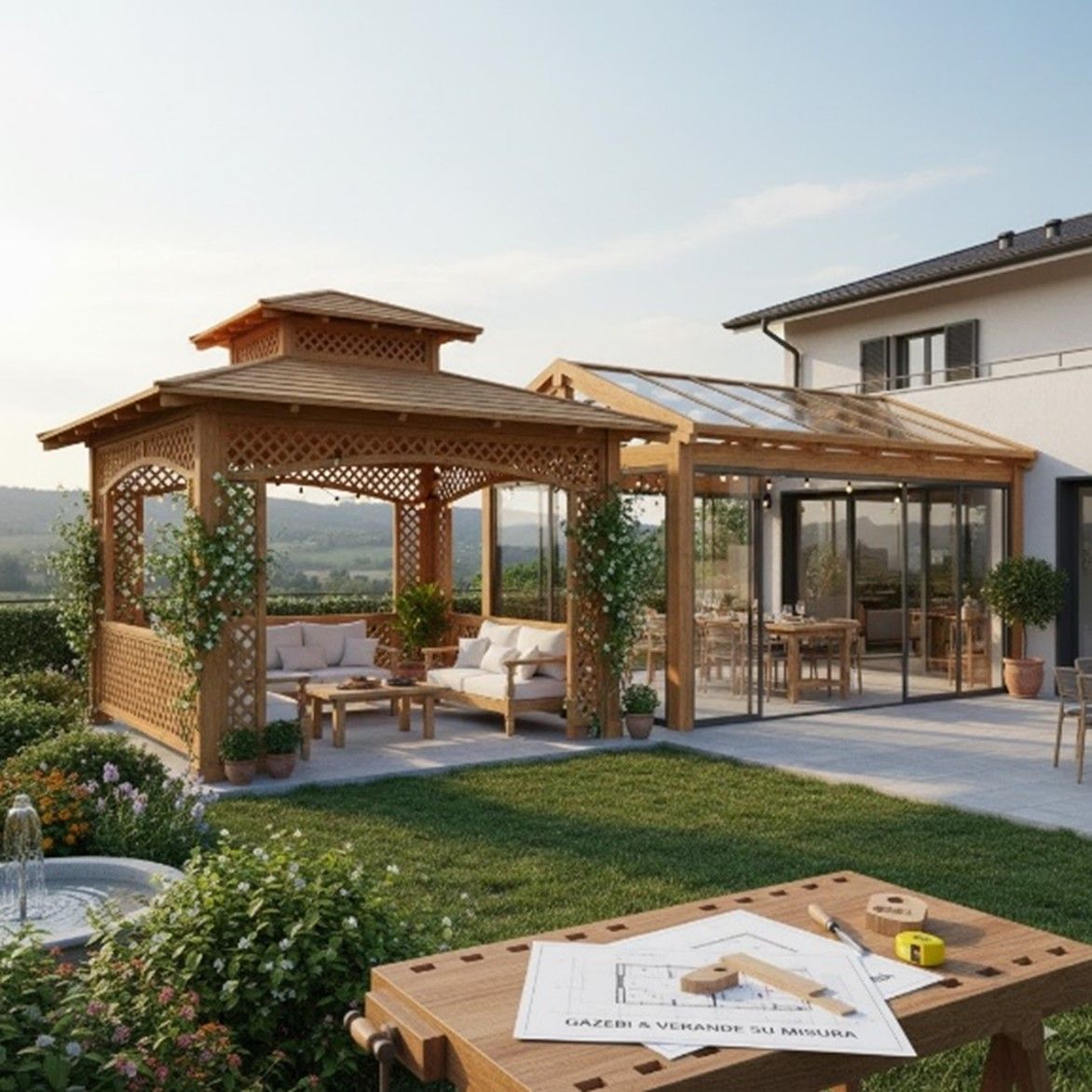 Travi in ​​acciaio e supporti per tetti in fase di costruzione sul tetto di un edificio, strada e case sullo sfondo.