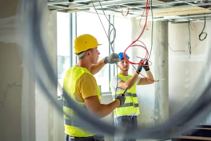 Due elettricisti con giubbotti di sicurezza e caschi lavorano sui cavi in ​​un cantiere edile.