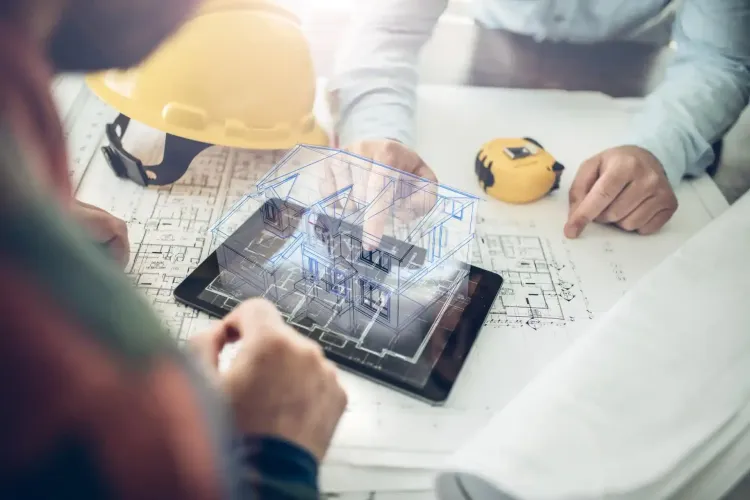 Due persone esaminano i progetti con un tablet su cui è visualizzato un modello olografico di un edificio.