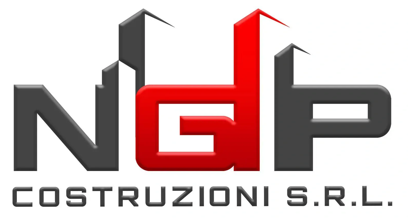 Logo per NGP Costruzioni SRL con lettere grigie e rosse che formano le iniziali con profili stilizzati dell'edificio.