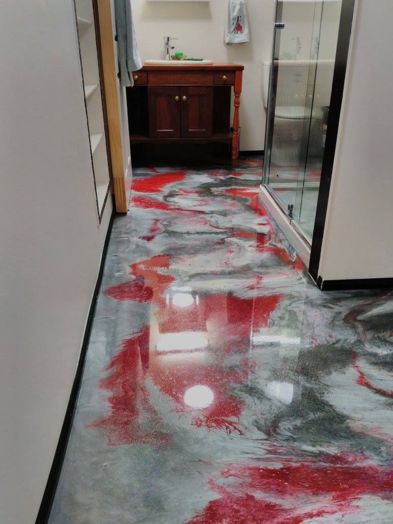 Red and Gray Epoxy Floor With a Bathroom Vanity — Australian Epoxy Floors in Yeppoon, QLD