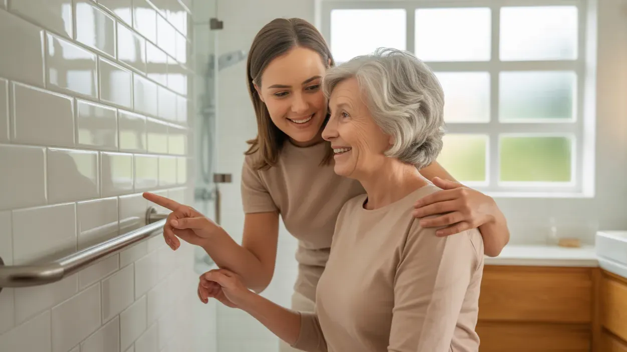 A younger person points to a safety grab bar installed on a white tiled wall while an older person looks on and smiles.