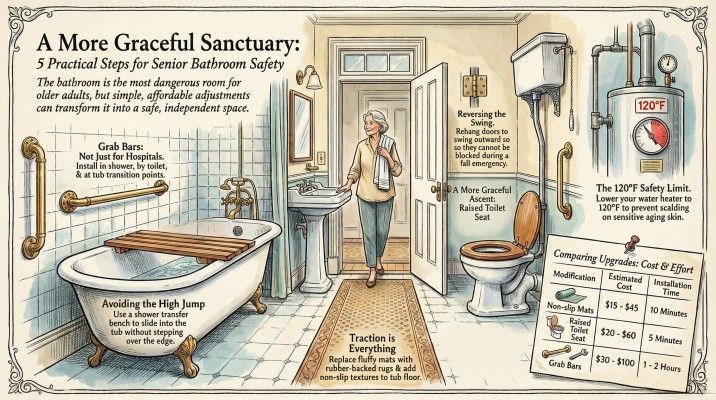 Infographic illustrating 5 bathroom safety tips for seniors, featuring labeled modifications like grab bars and bath seats. Infographic illustrating 5 bathroom safety tips for seniors, featuring labeled modifications like grab bars and bath seats.