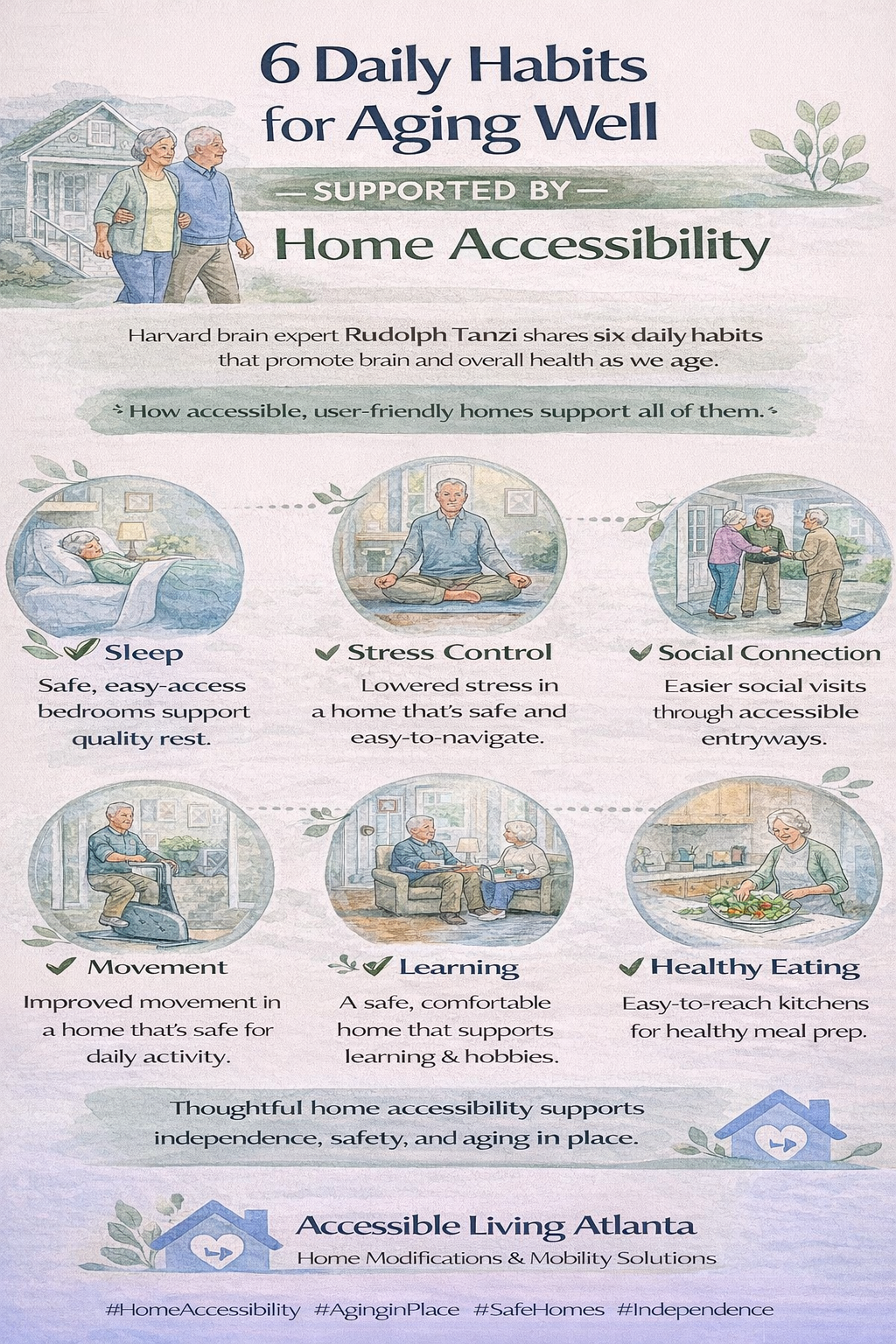 Infographic: 6 daily habits for aging well, supported by home accessibility.  Includes sleep, stress control, social connection, movement, and learning.