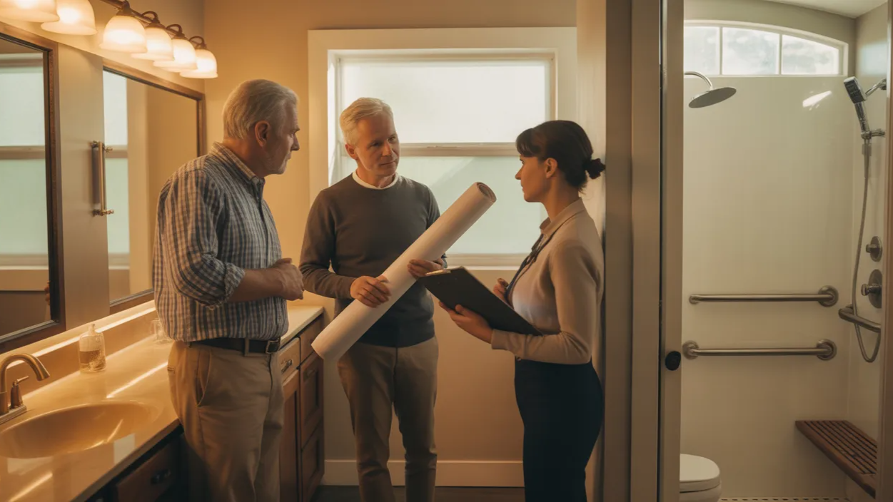 Three people standing in a bathroom, discussing architectural plans for a home renovation.