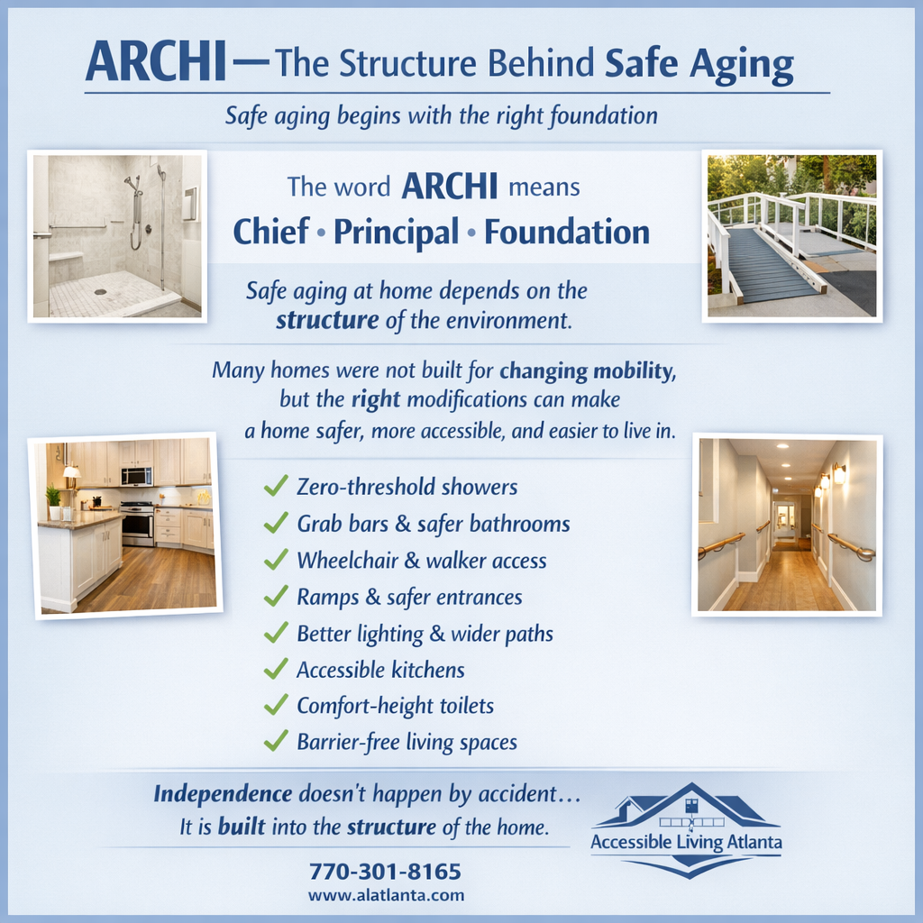 Flyer for Accessible Living Atlanta on home modifications for safe aging, including photos of accessible home features.