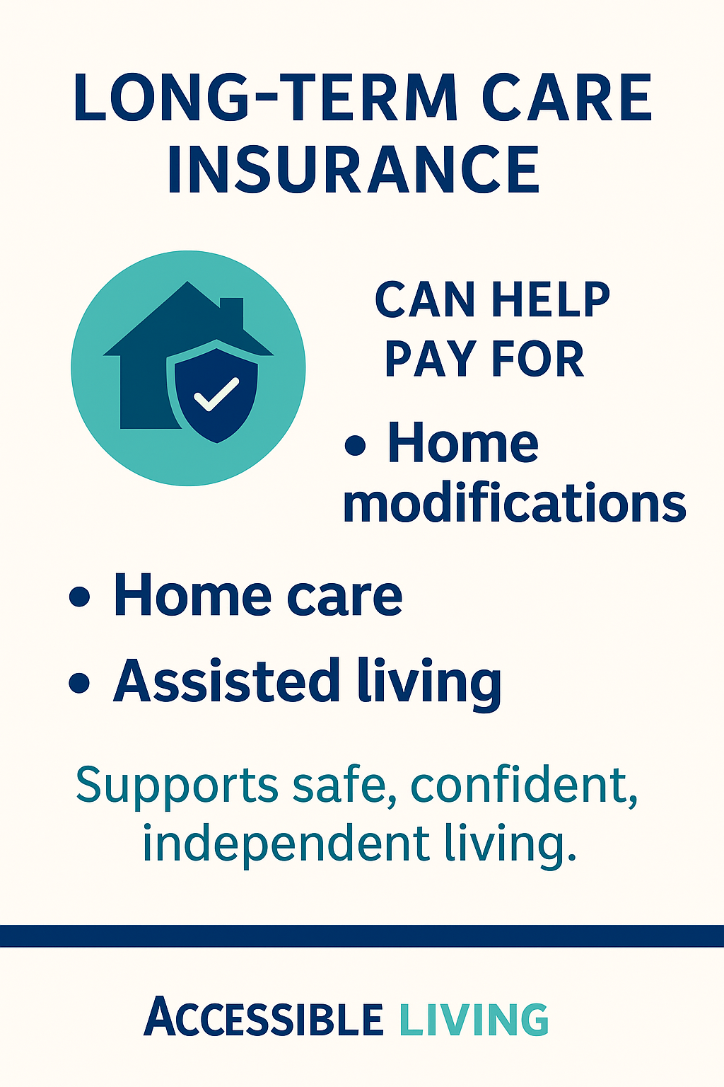 Advertisement for long-term care insurance. Teal house icon, bulleted list of benefits, 