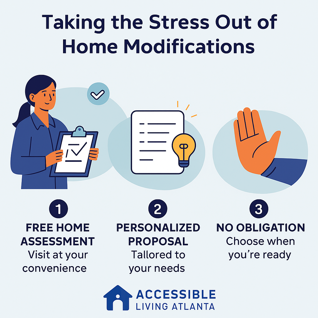 Infographic: A woman assessing a home, personalized proposal with lightbulb, and no obligation for home modifications.
