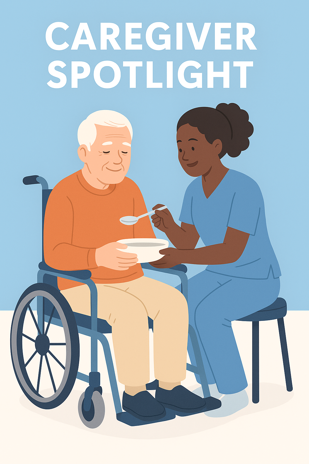 Caregiver feeds a person in a wheelchair. Text: Caregiver Spotlight. Blue background.