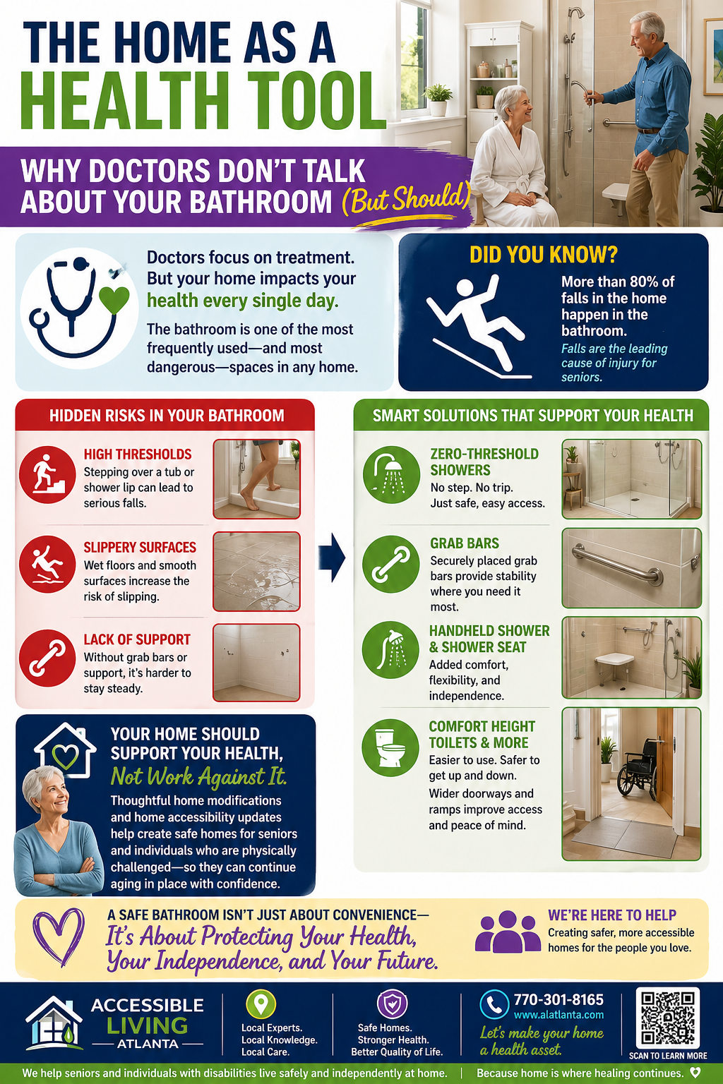 Health poster on bathroom safety with tips, icons, and photos for preventing falls and injuries