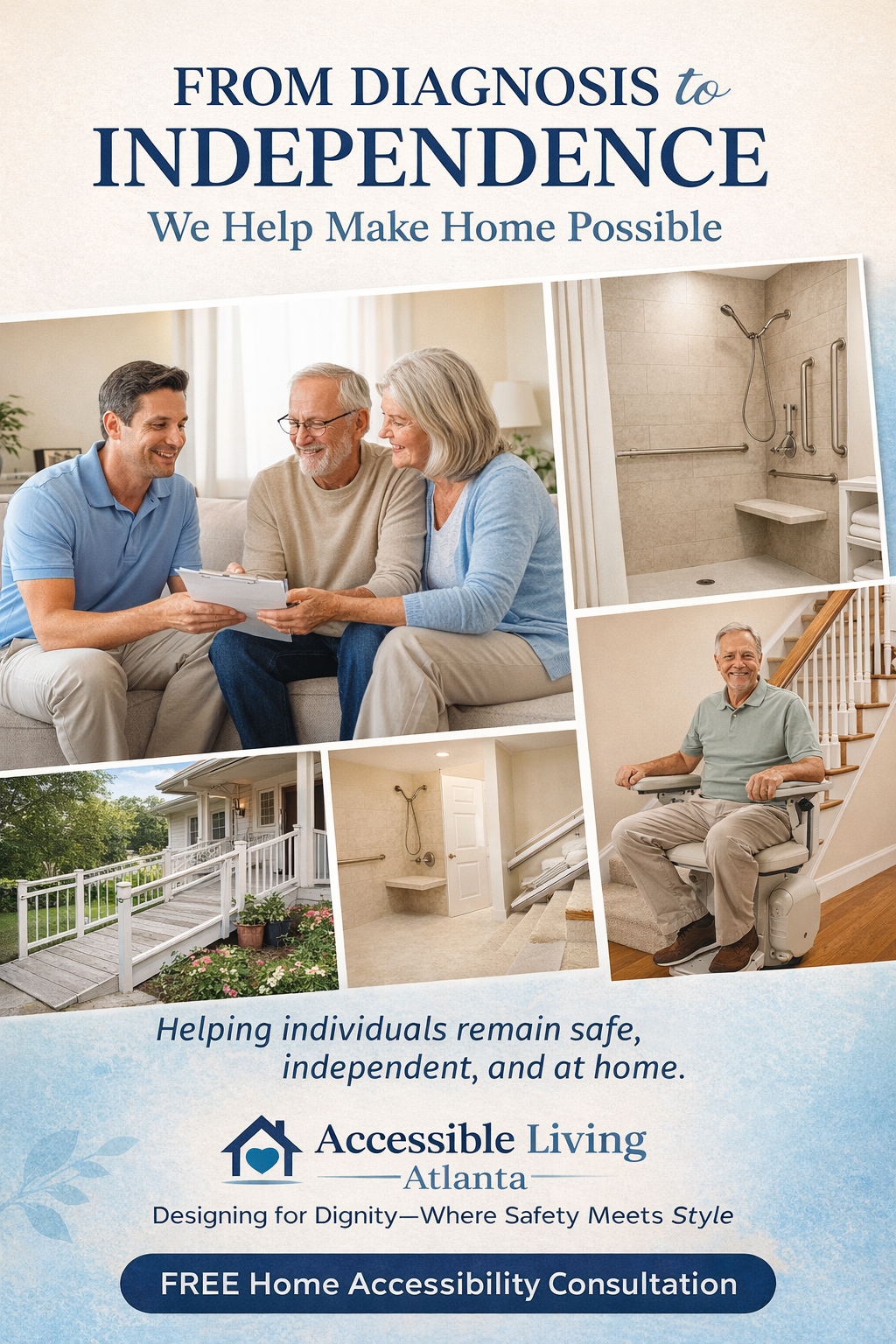 Advertisement for Accessible Living. Shows elderly couple and consultant, home modifications, and stair lift. Blue and white colors.