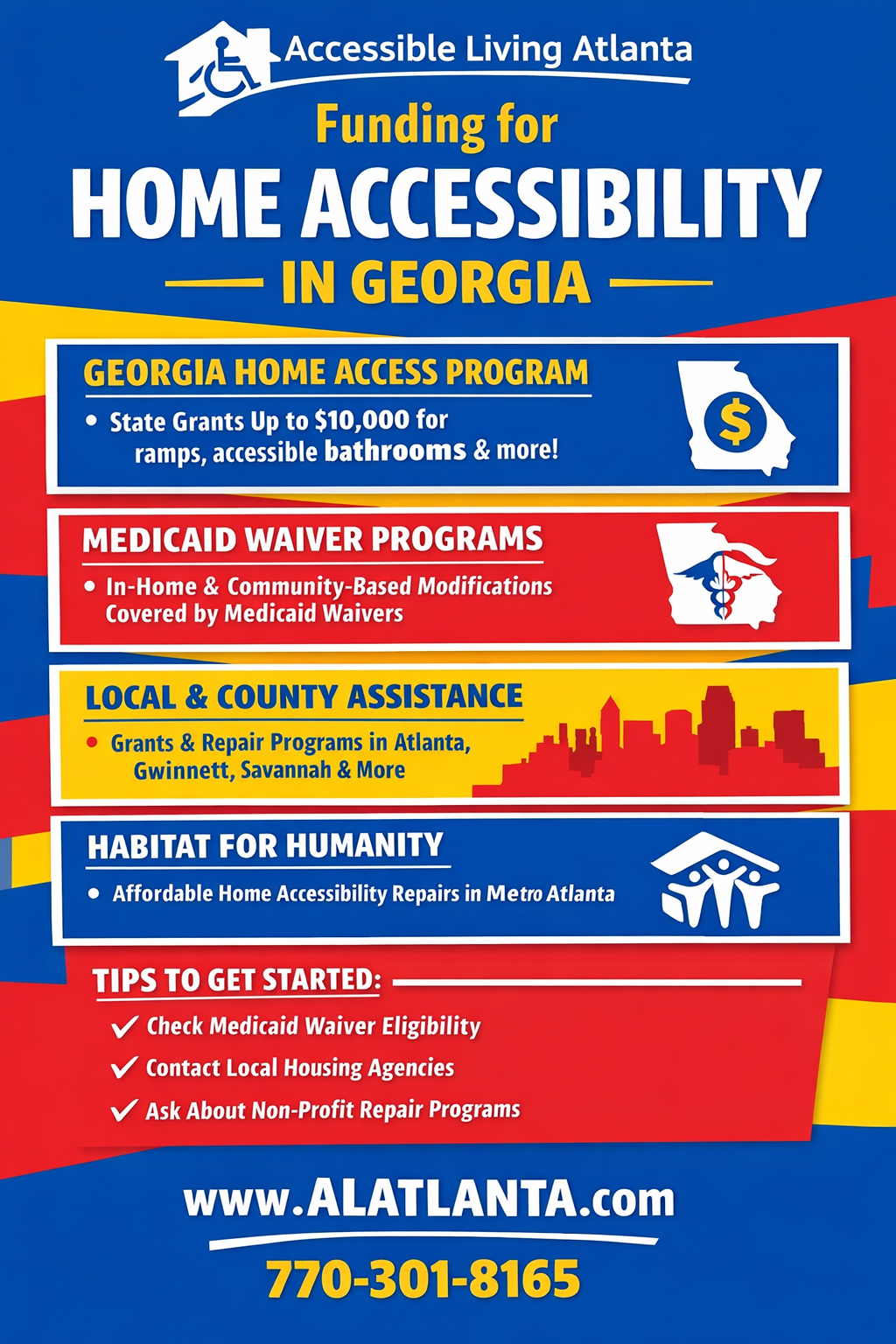 Flyer about home accessibility funding in Georgia. It has logos, contact info, and program details.