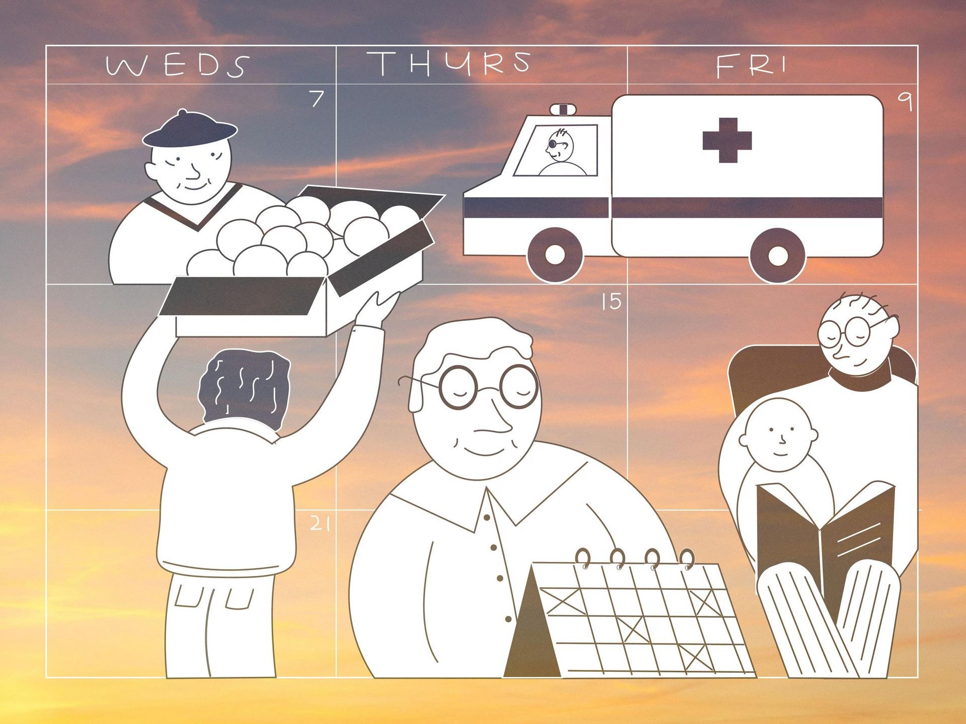 Calendar with illustrations: Volunteers with food, ambulance, man with calendar, people reading.