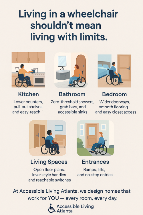 Image promoting wheelchair-accessible homes, showing kitchen, bathroom, bedroom, living spaces, and entrances; text highlights modifications for accessibility.