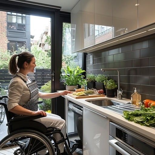 Woman in wheelchair at an accessible kitchen, preparing food. She wears a white shirt and apron, with a bright countertop and dark backsplash.