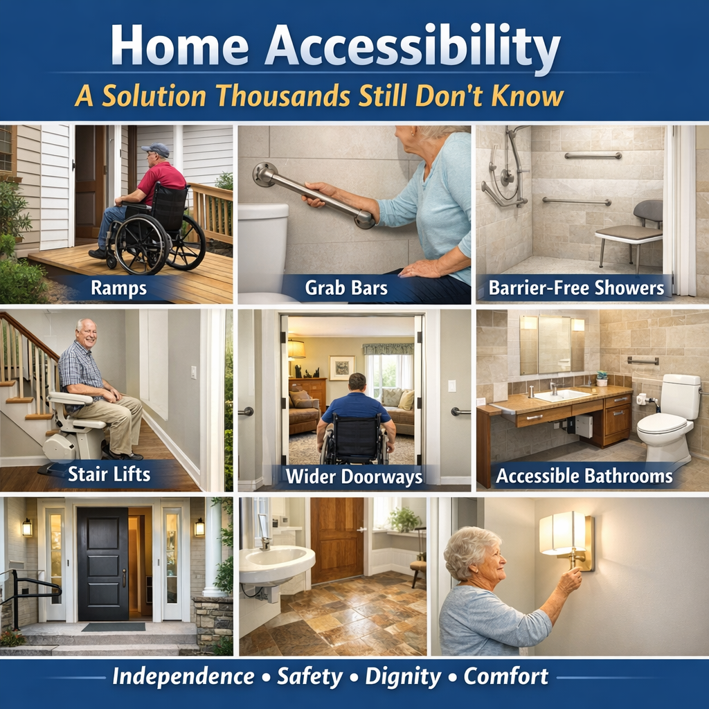 A grid showing home accessibility solutions: ramps, grab bars, roll-in showers, stair lifts, wide doorways, and lighting.