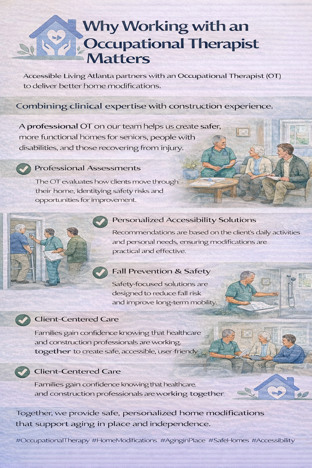 Infographic: Why Working with an Occupational Therapist Matters. Text and illustrations about benefits like clinical expertise, assessments, and home care.