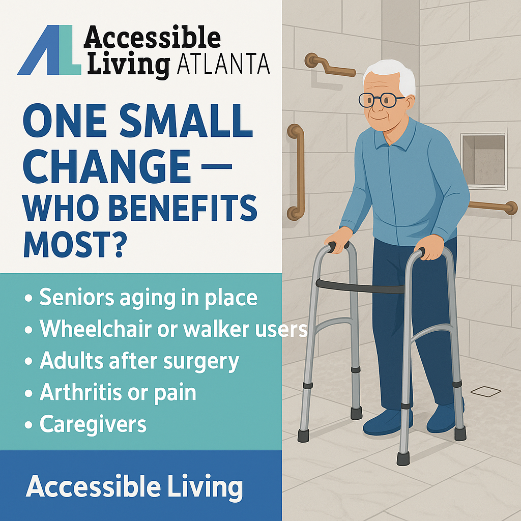 Man using a walker in a bathroom with grab bars.