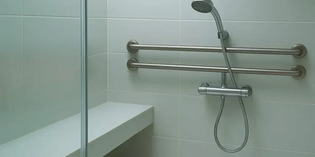 A bathroom with a shower and a towel rack A bathroom with a shower and a towel rack
