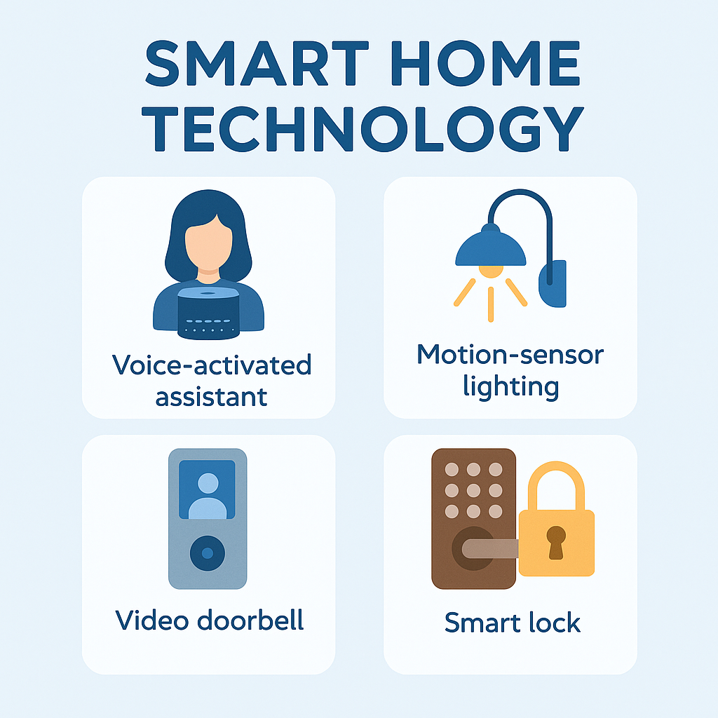 Smart home technology graphic with voice assistant, motion sensor lighting, video doorbell, and smart lock icons.