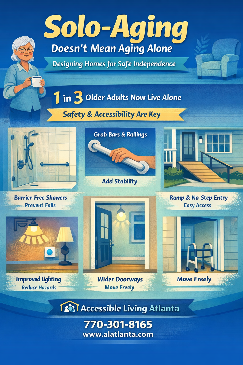 Promotional graphic for Accessible Living Atlanta. Shows examples of home modifications for safe, independent living for seniors, in blue tones.