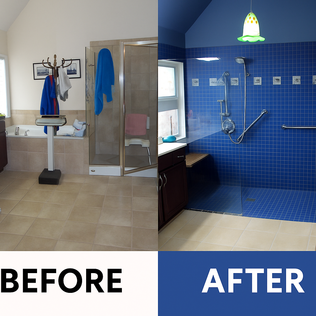 Bathroom shower before-and-after: beige stall replaced with blue-tiled accessible shower and bench.
