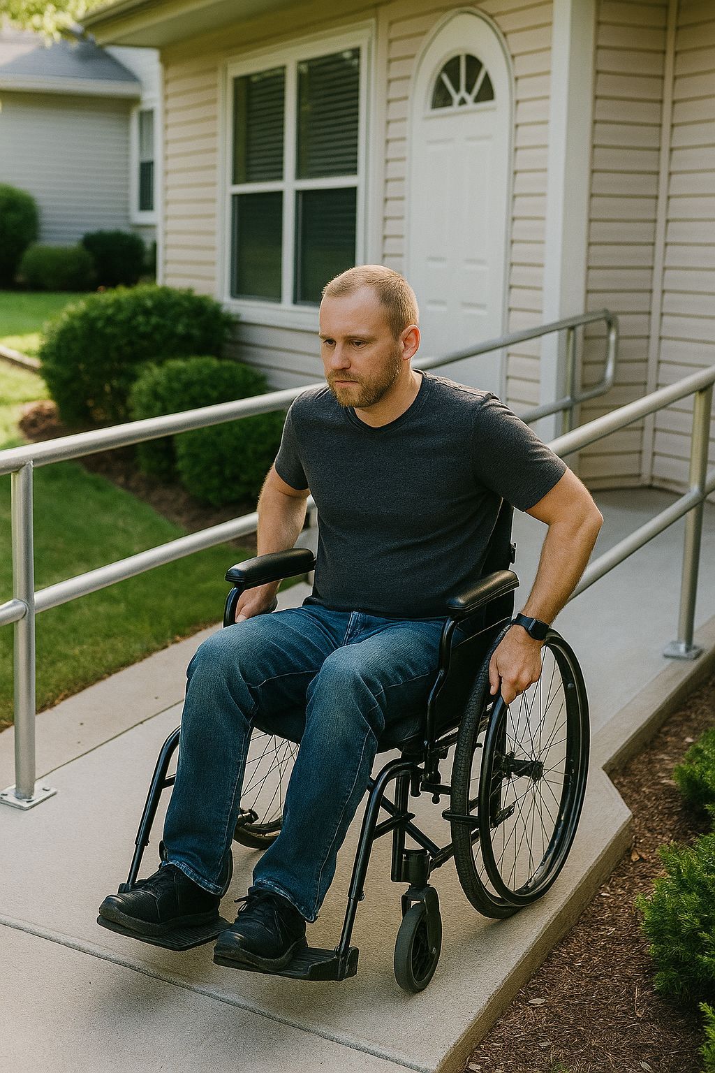 Man in wheelchair exiting building via a ramp. He is wearing a dark shirt and jeans. Bright building with landscaping in the background.