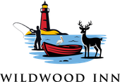A man is fishing in a boat next to a deer and a lighthouse.