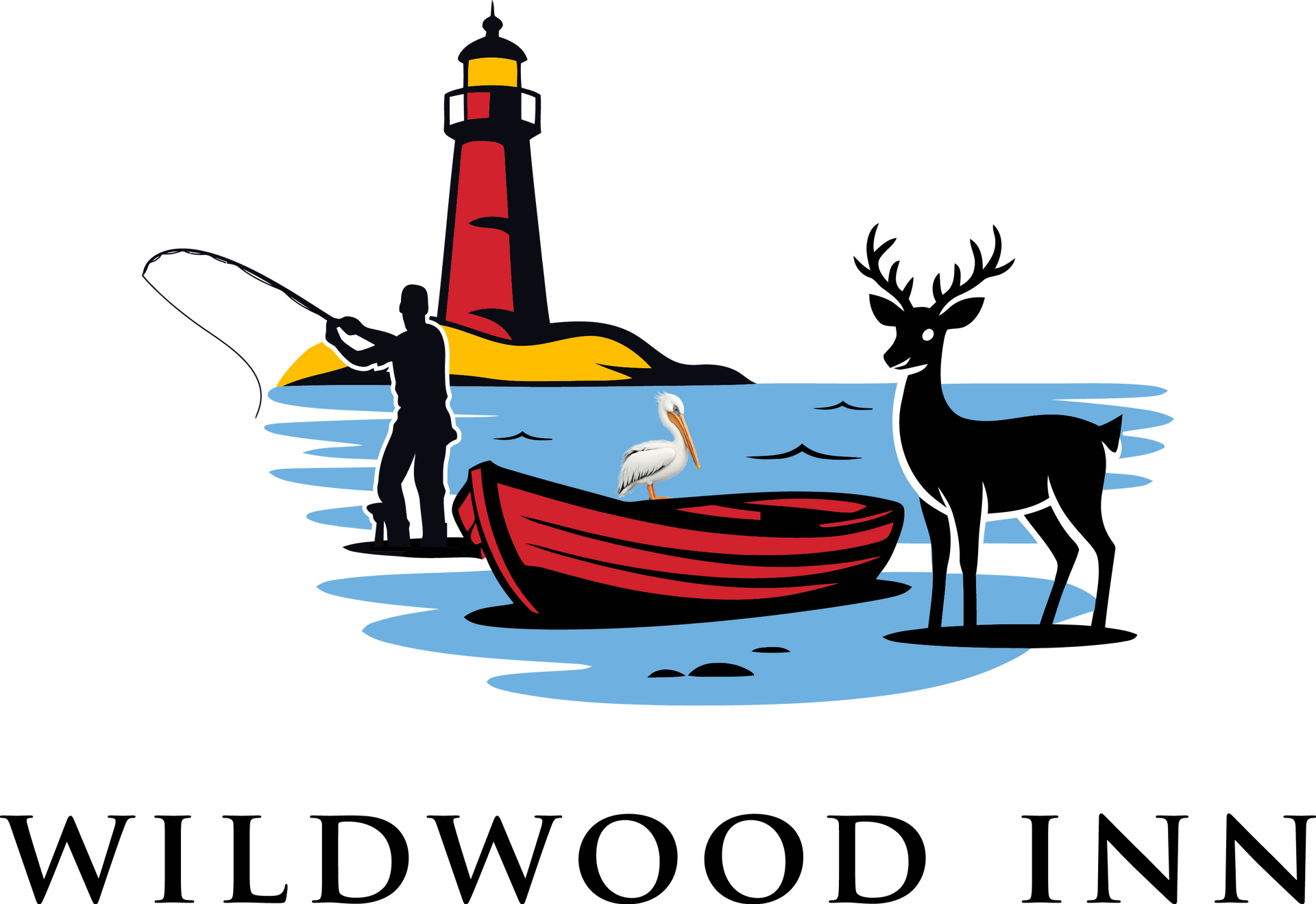 A man is fishing in a boat next to a deer and a lighthouse.