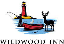 A man is fishing in a boat next to a deer and a lighthouse.