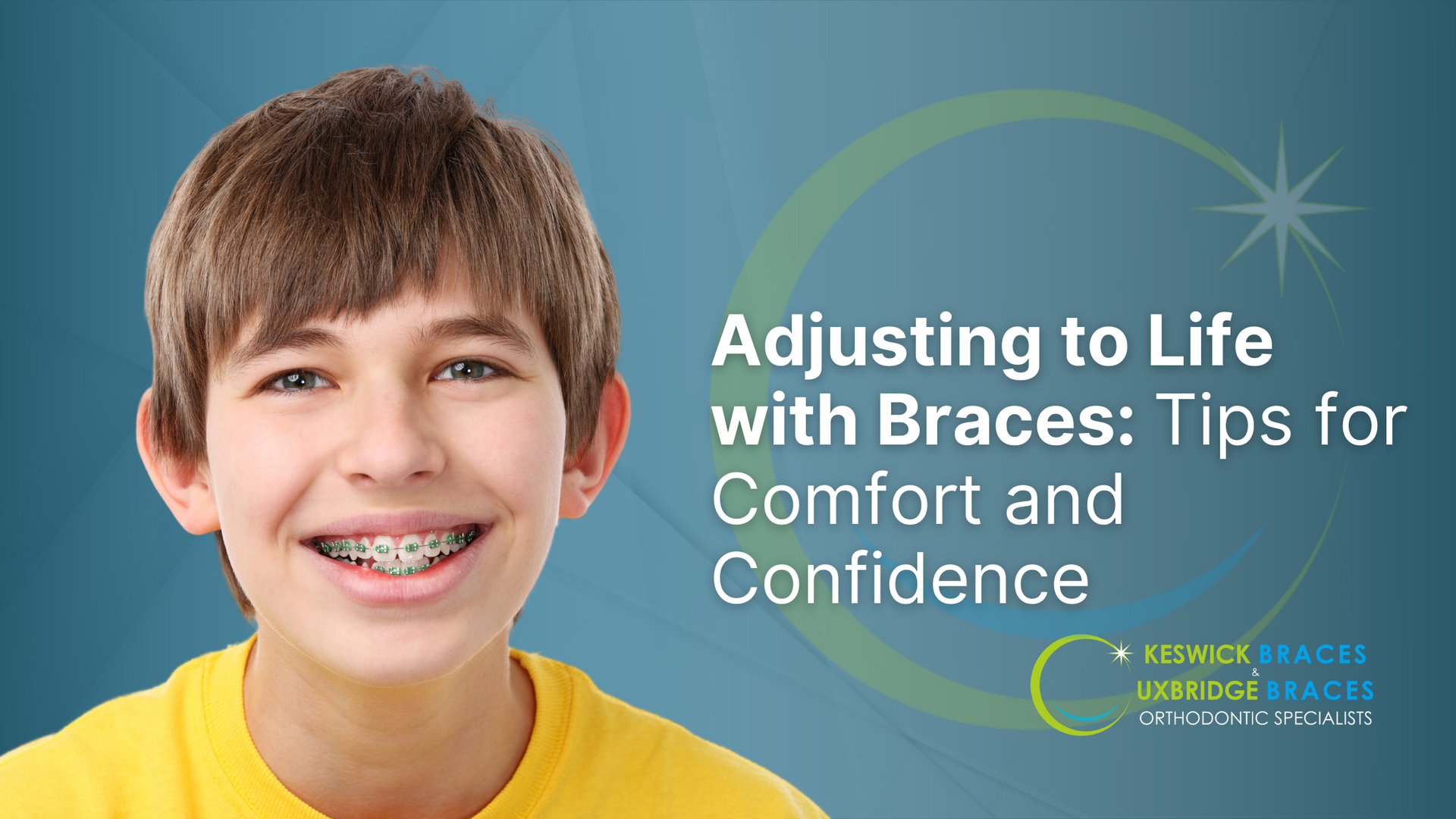 A young boy with braces on his teeth is smiling.