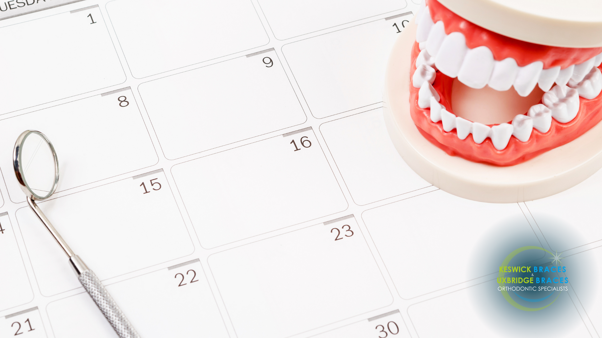 A dental model is sitting on top of a calendar next to a dental mirror.