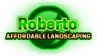 The logo for roberto affordable landscaping is green and yellow