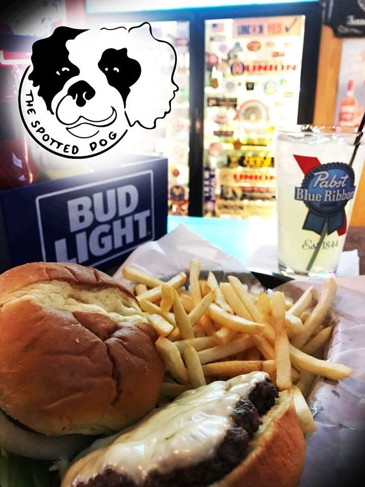 Burger, fries, and beer at 