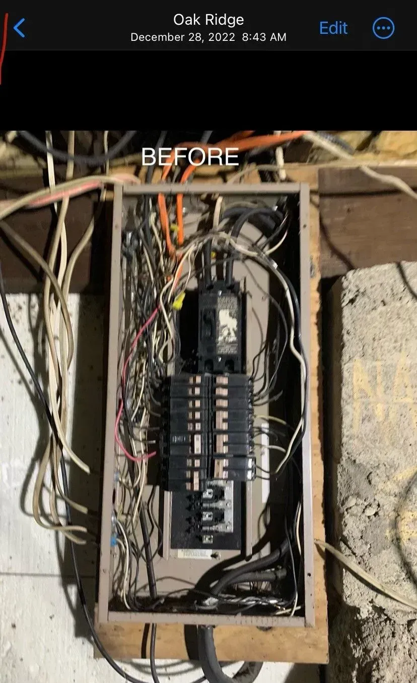 A phone screen shows a before picture of an electrical box