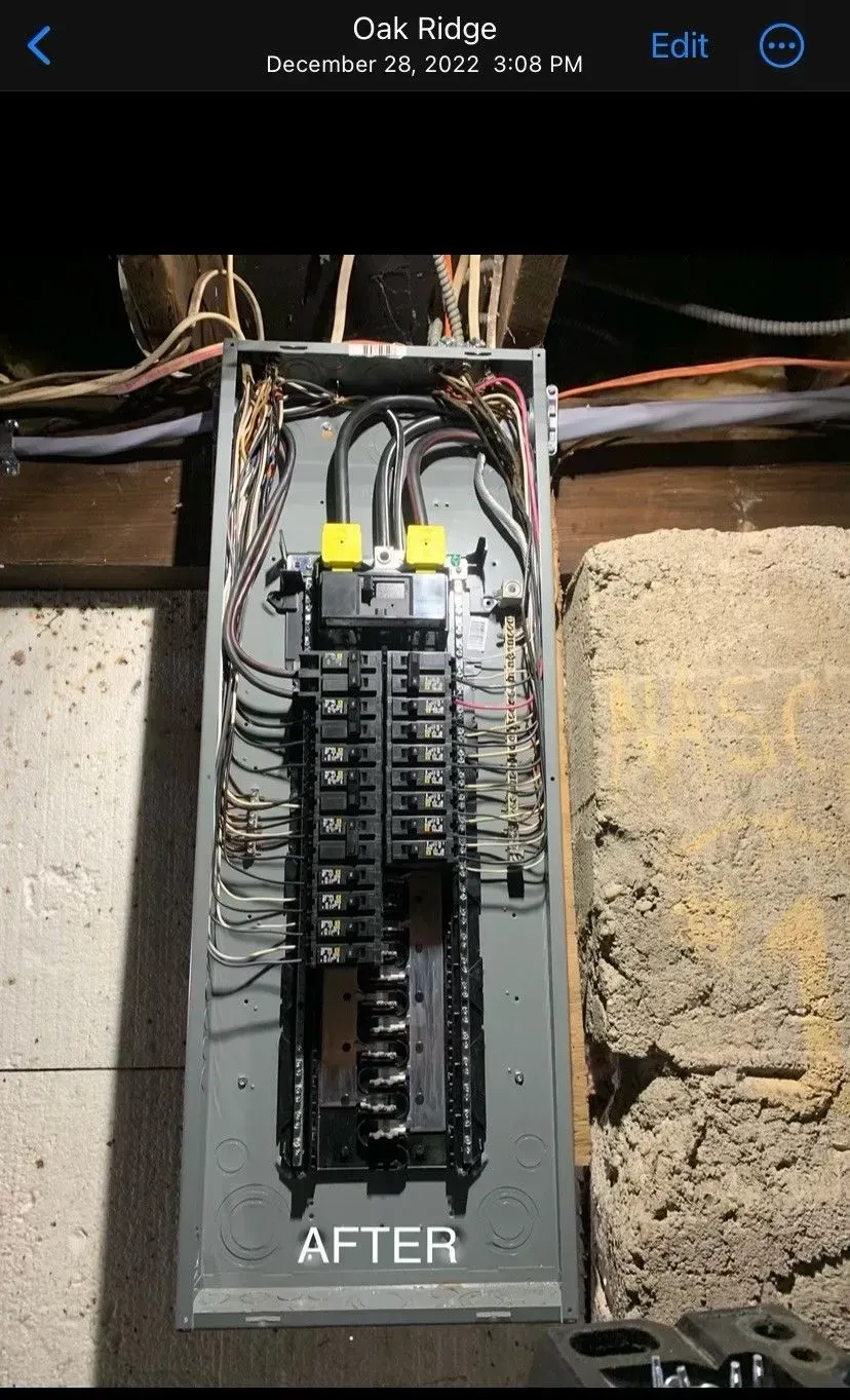 A picture of an electrical panel before and after being repaired.