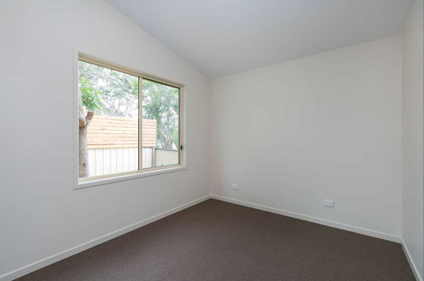 An empty bedroom with a large window and a brown carpet.