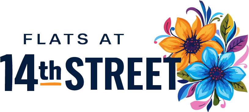 Logo: "Flats at 14th Street" with floral design.