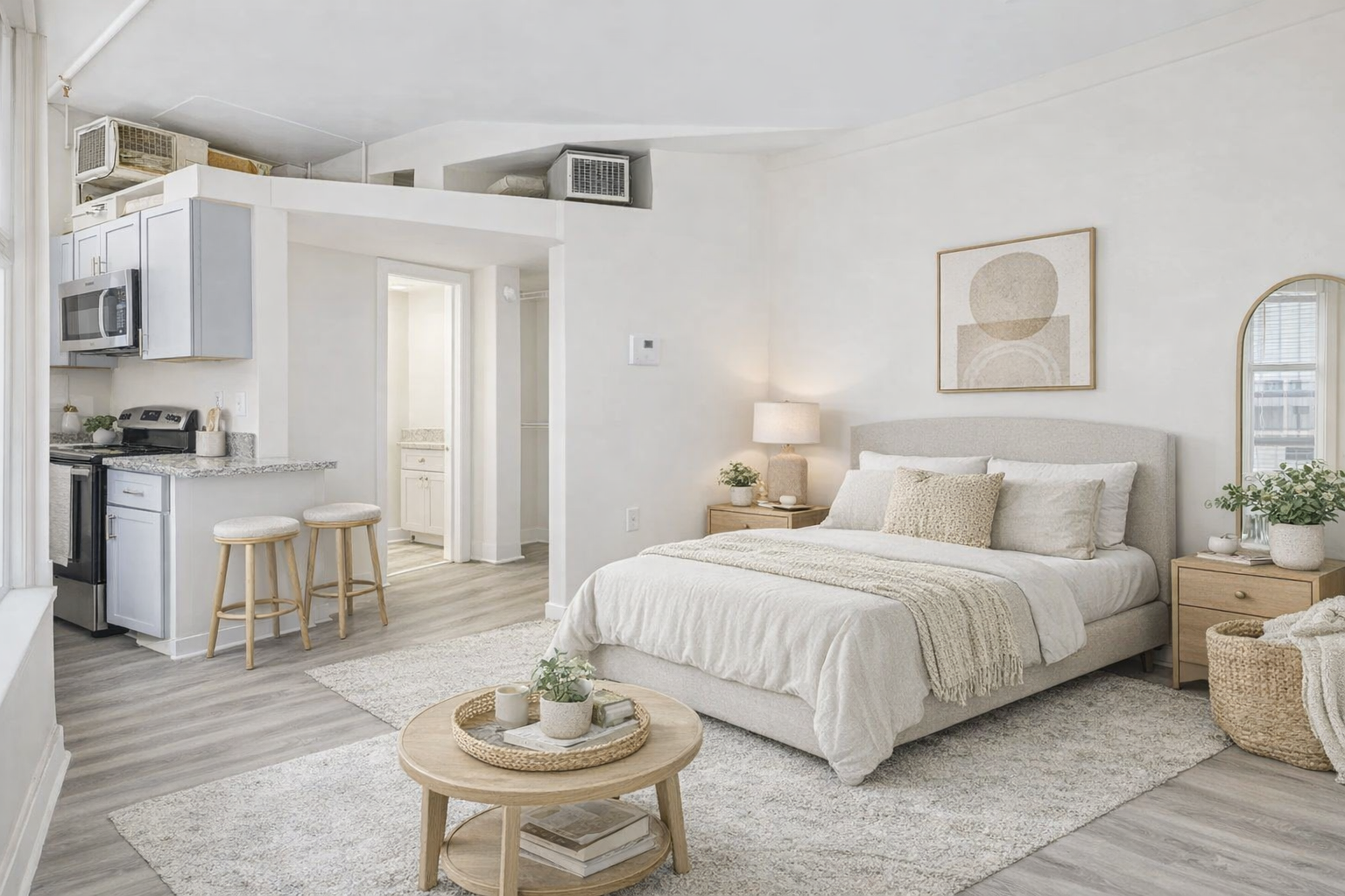 Bright, white studio apartment with bed, small kitchen, round table, and rug.