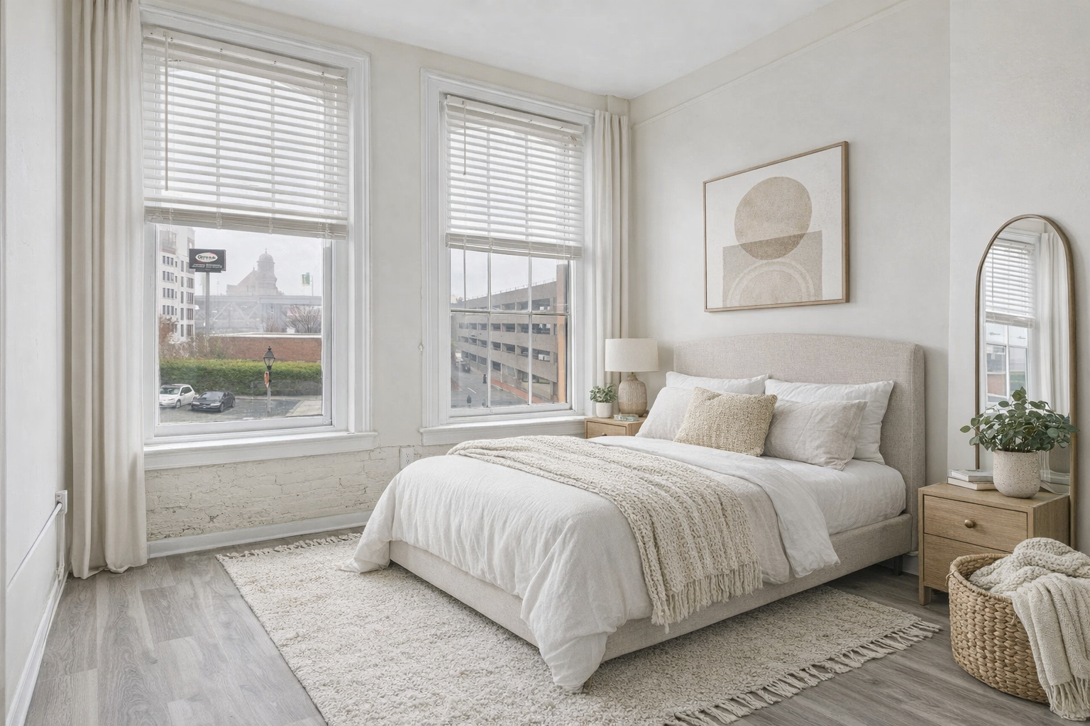 Bedroom with neutral colors: bed with pillows and blanket, two windows, rug, mirror, and a nightstand.