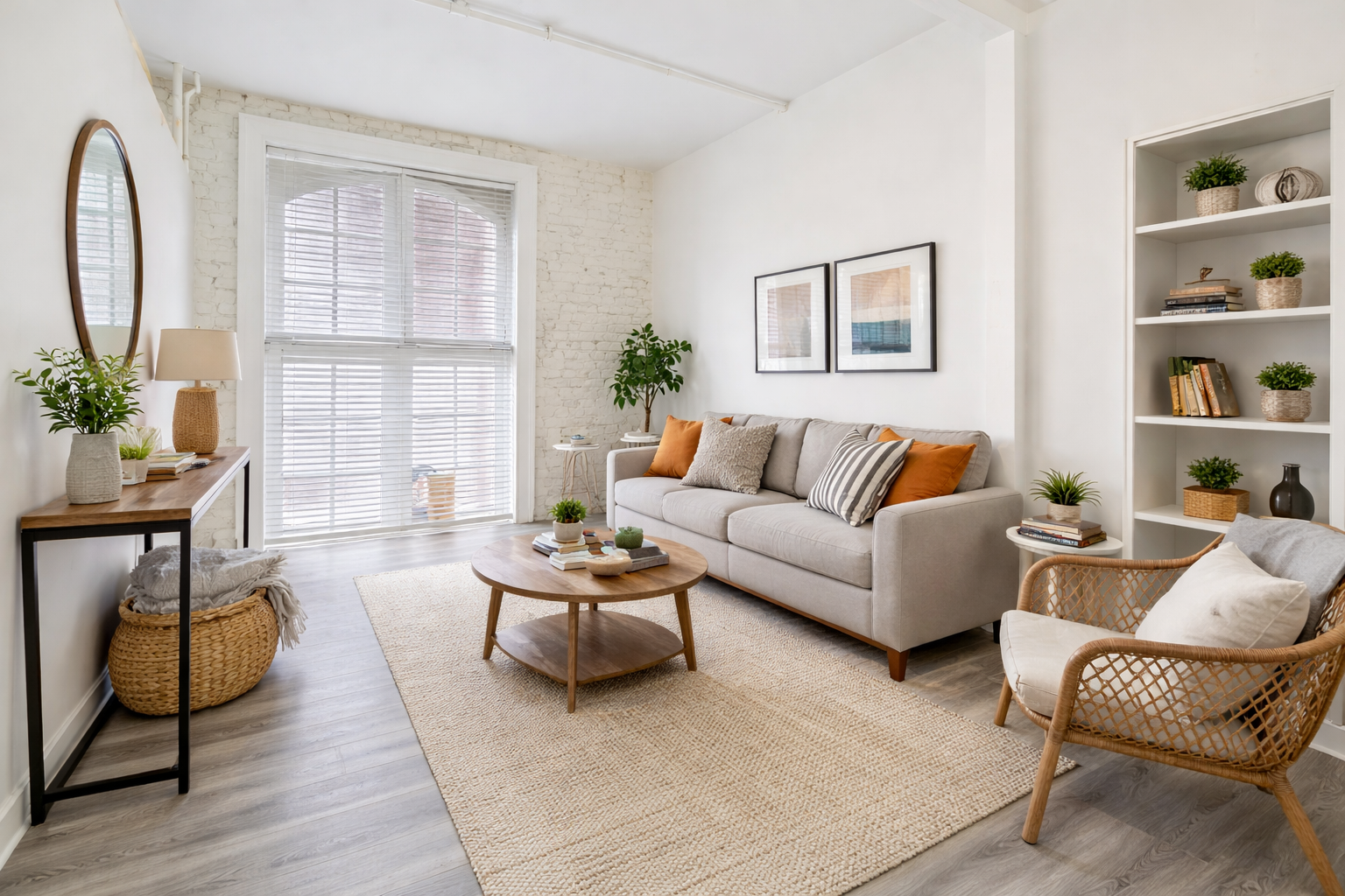 Bright living room with neutral colors, furniture, and rug. Features a sofa, armchair, coffee table, and bookshelves.