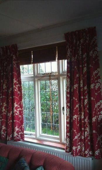 red and white patterned curtains