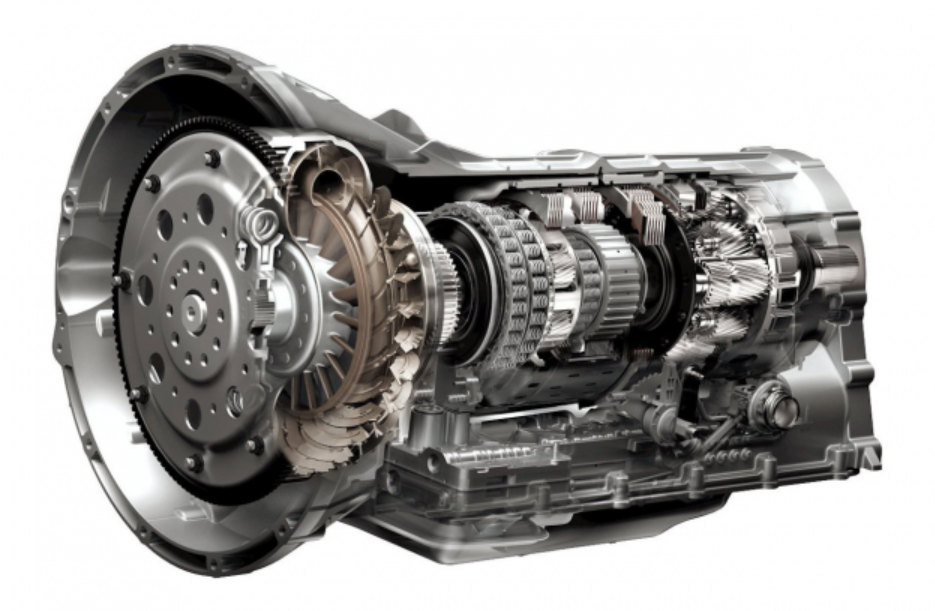 A close up of a gearbox on a white background