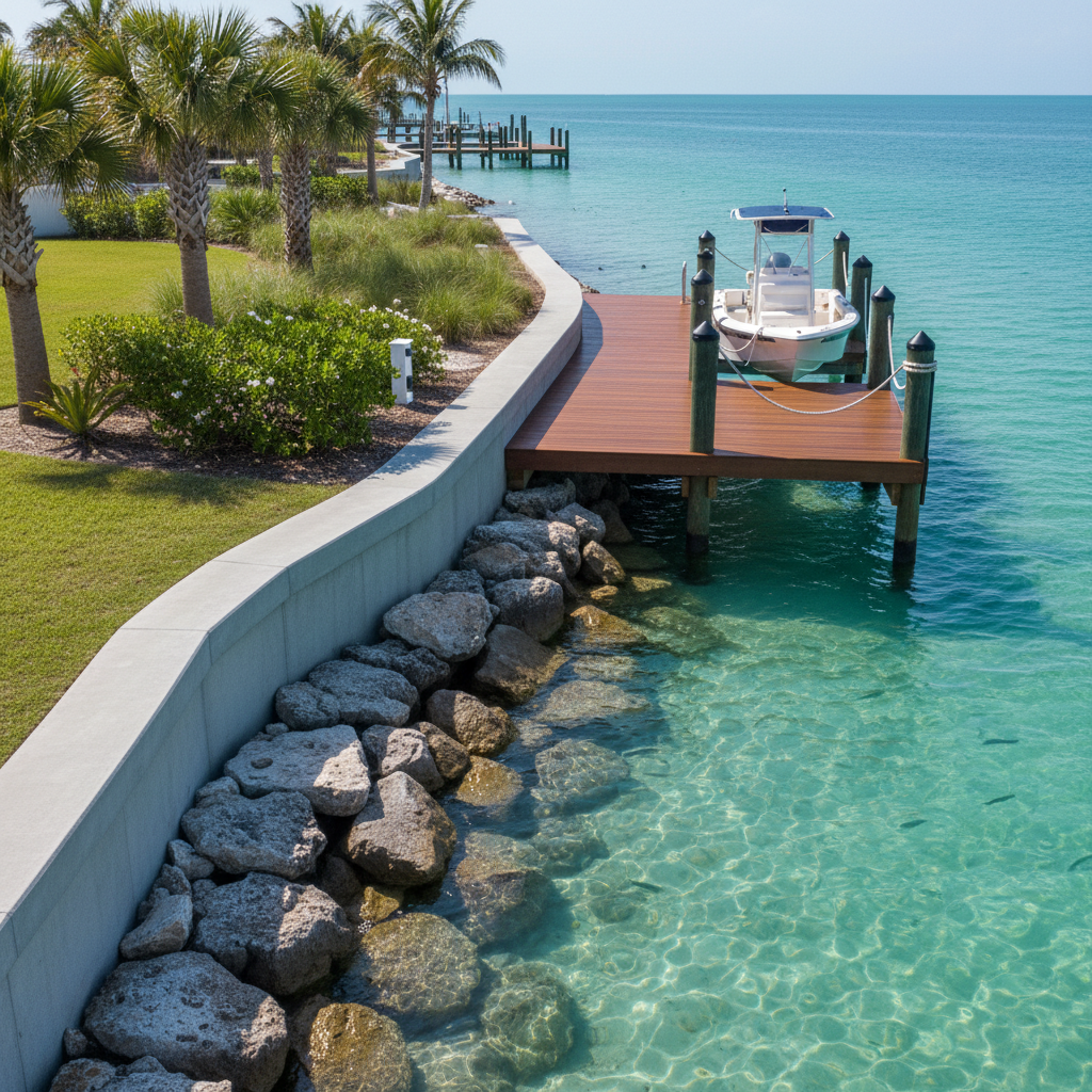 Boat sailing on blue water towards a treed shoreline under a blue sky with clouds.